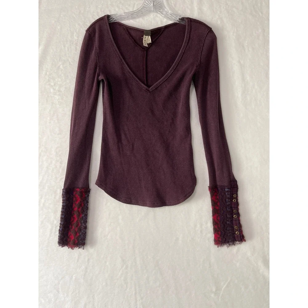 Free People Sz Sm Art School Embroidered V-Neck Waffle Knit Long Sleeve Top Boho